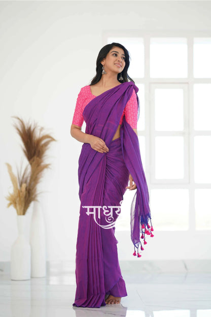 Purple Dual Tone Khadi Cotton Saree With Pink Printed Blouse