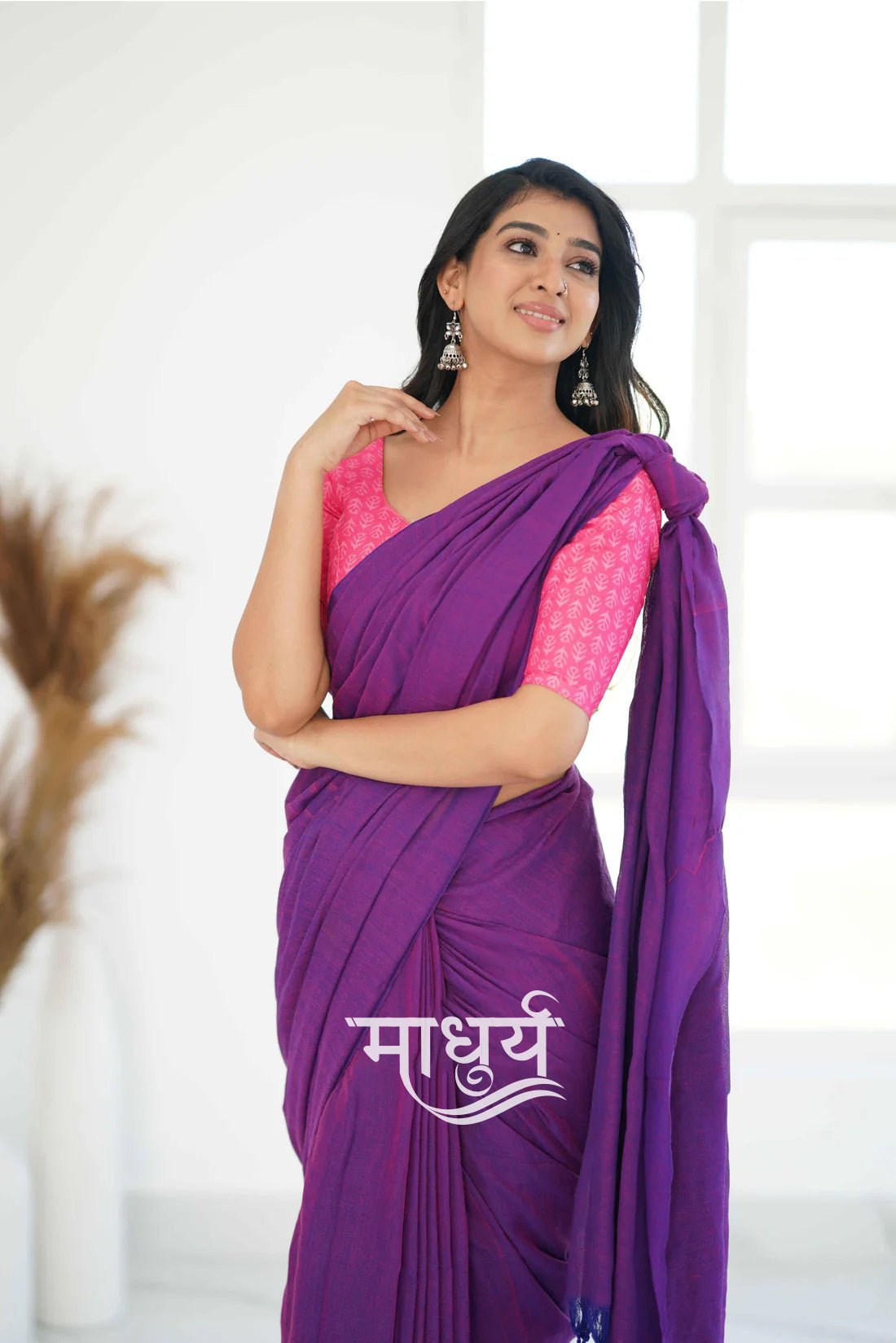 Purple Dual Tone Khadi Cotton Saree With Pink Printed Blouse