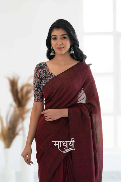 Maroon Khadi Cotton Saree With Leaf Printed Blouse