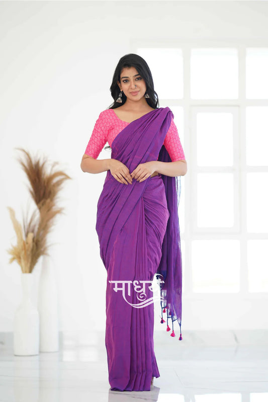 Purple Dual Tone Khadi Cotton Saree With Pink Printed Blouse