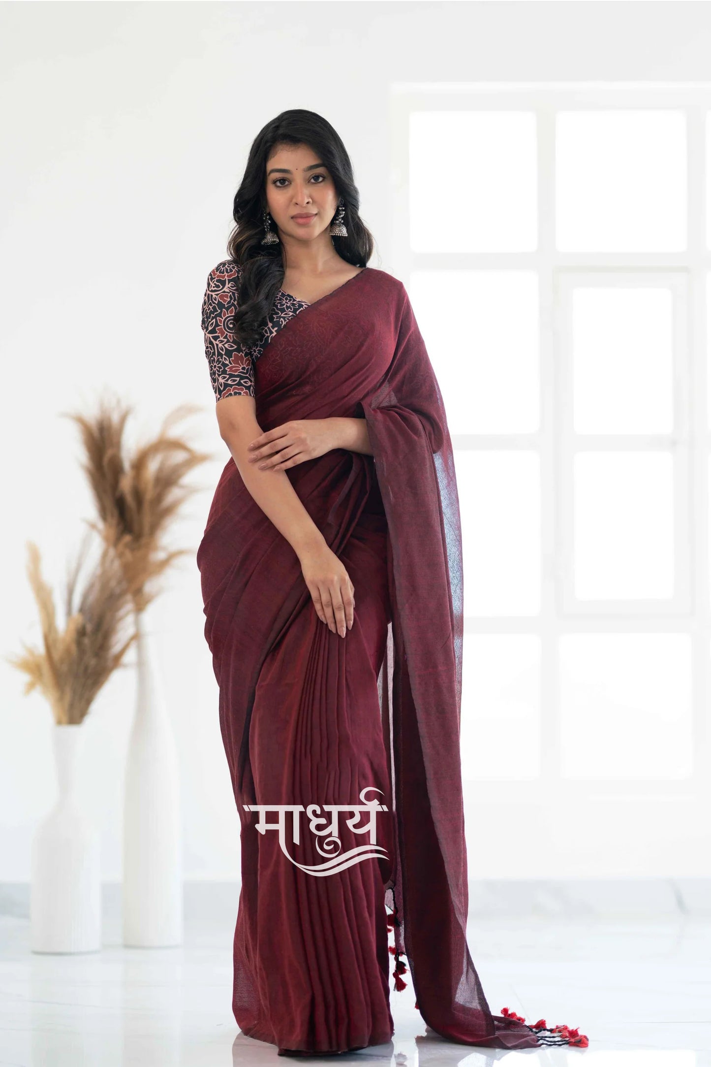 Maroon Khadi Cotton Saree With Leaf Printed Blouse