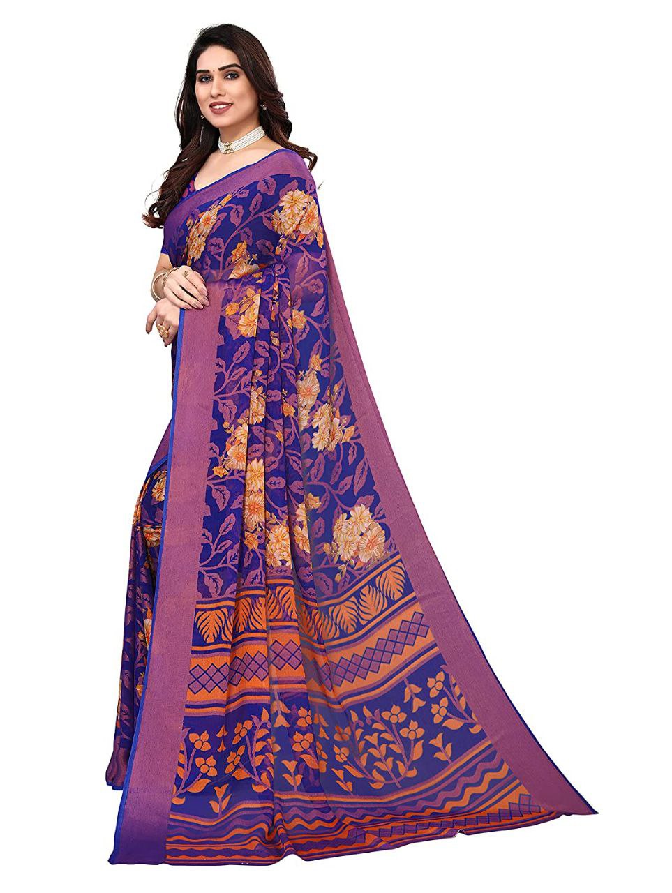 Women'S Viscose Rayon Printed Saree With Unstitched Blouse (Blue)