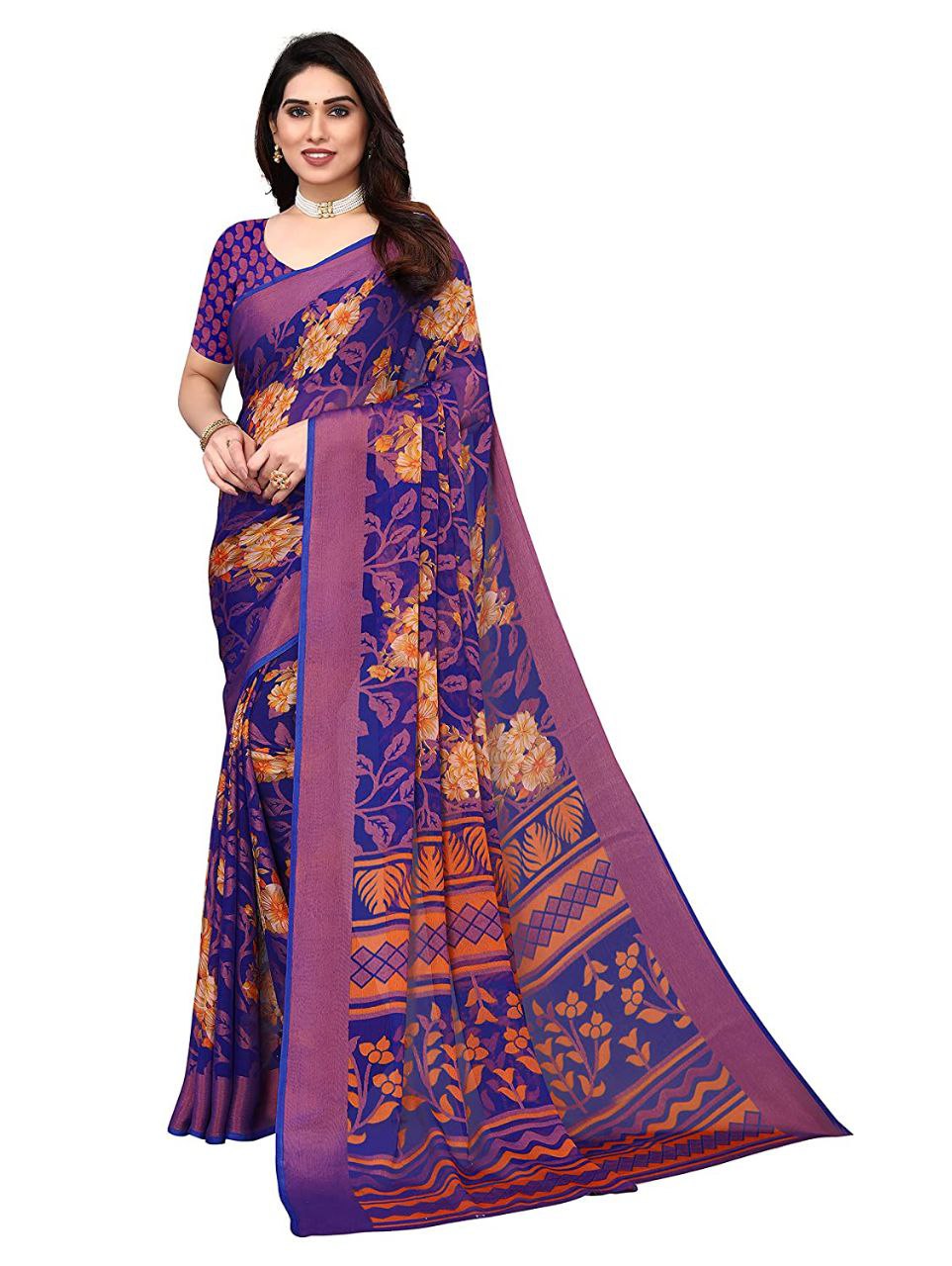 Women'S Viscose Rayon Printed Saree With Unstitched Blouse (Blue)