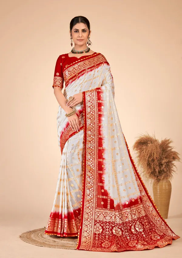 White Designer Weaving Jaquard Dola Silk