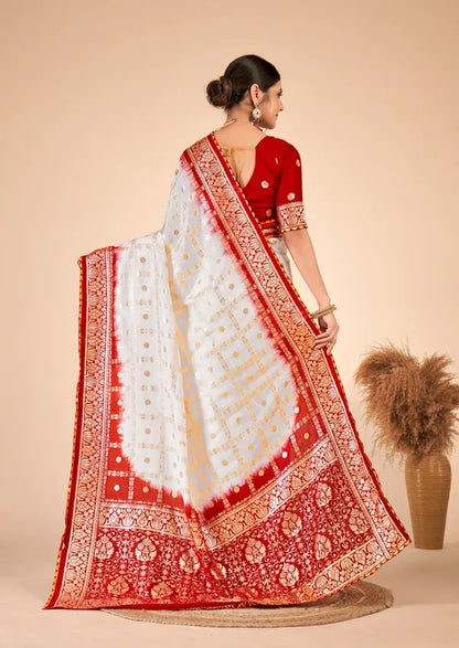 White Designer Weaving Jaquard Dola Silk