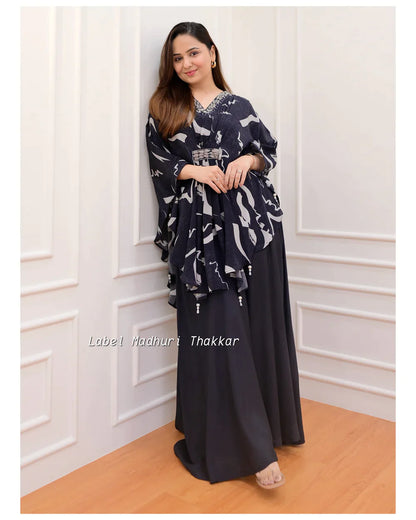 BLACK FLORAL CREPE KAFTAN SHARARA