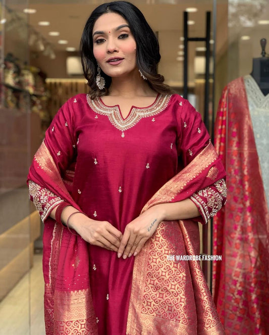 RED FESTIVE EMBROIDERED SUIT SET